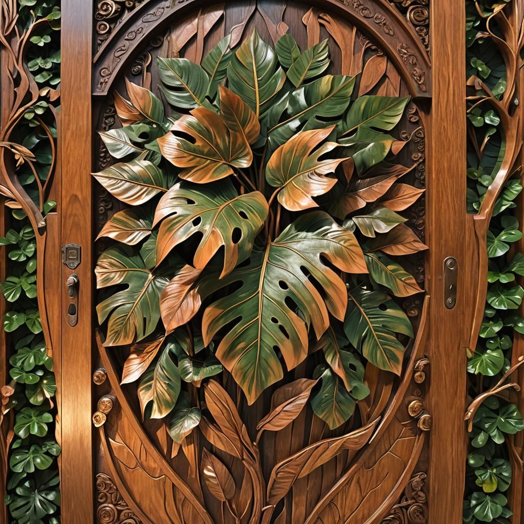 Ornate Wooden Door with Copper Doorknob in Art Nouveau Style