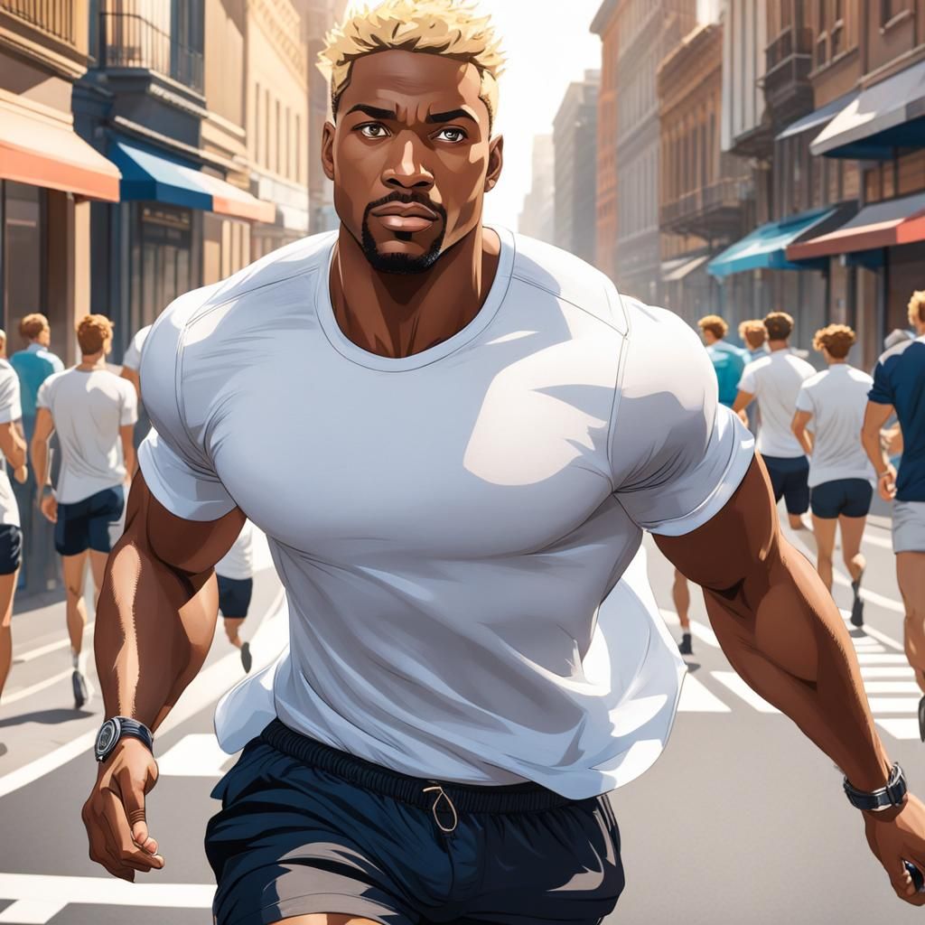 Handsome Man Running in Street with Blonde Hair