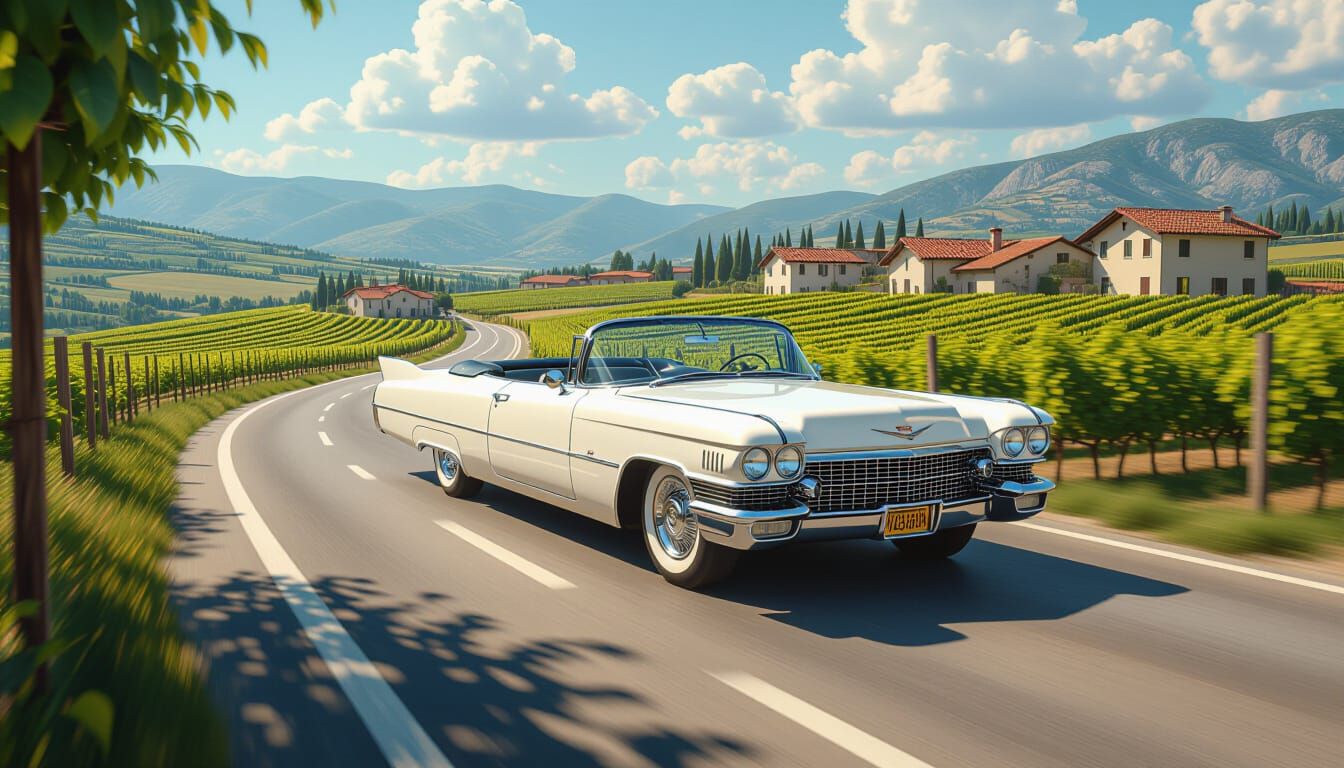 1964 White Cadillac DeVille on Sicilian Road