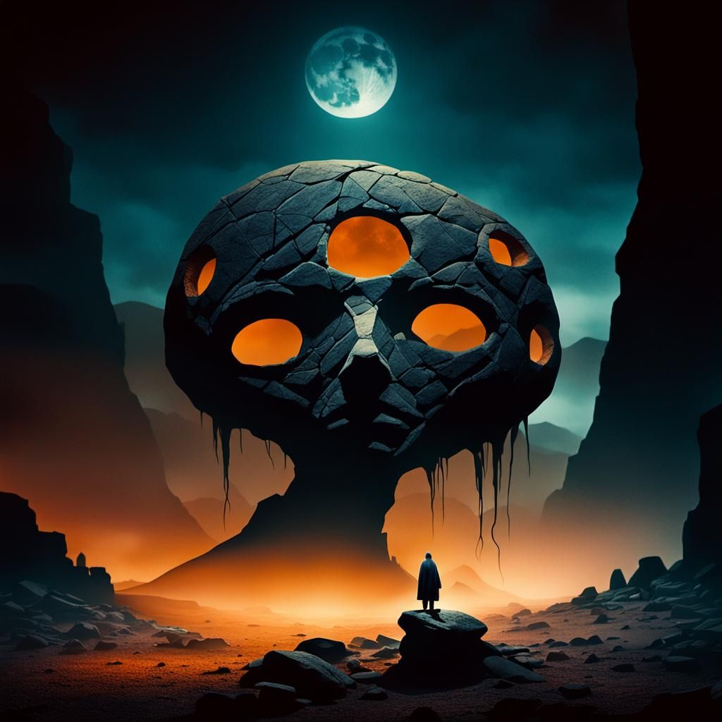 Eerie Figure in Desolate Landscape: Dark Surrealism