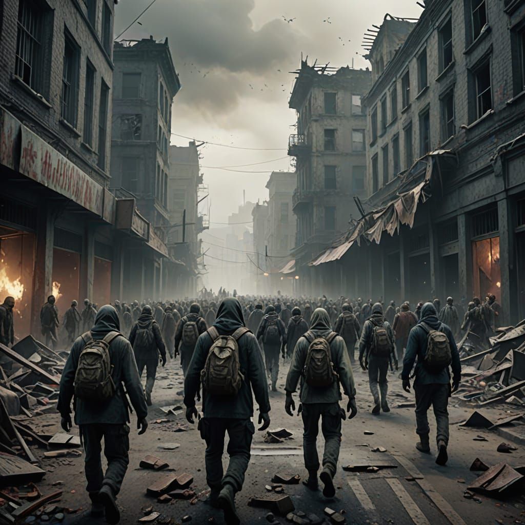 Zombie Horde Advances Through Ruined City