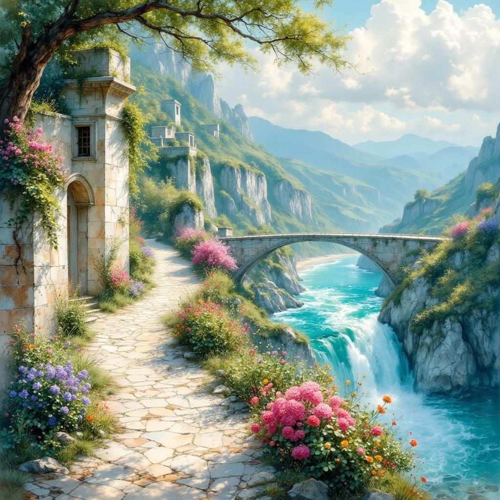 Ethereal Dreamscape: Stone Path to Waterfall