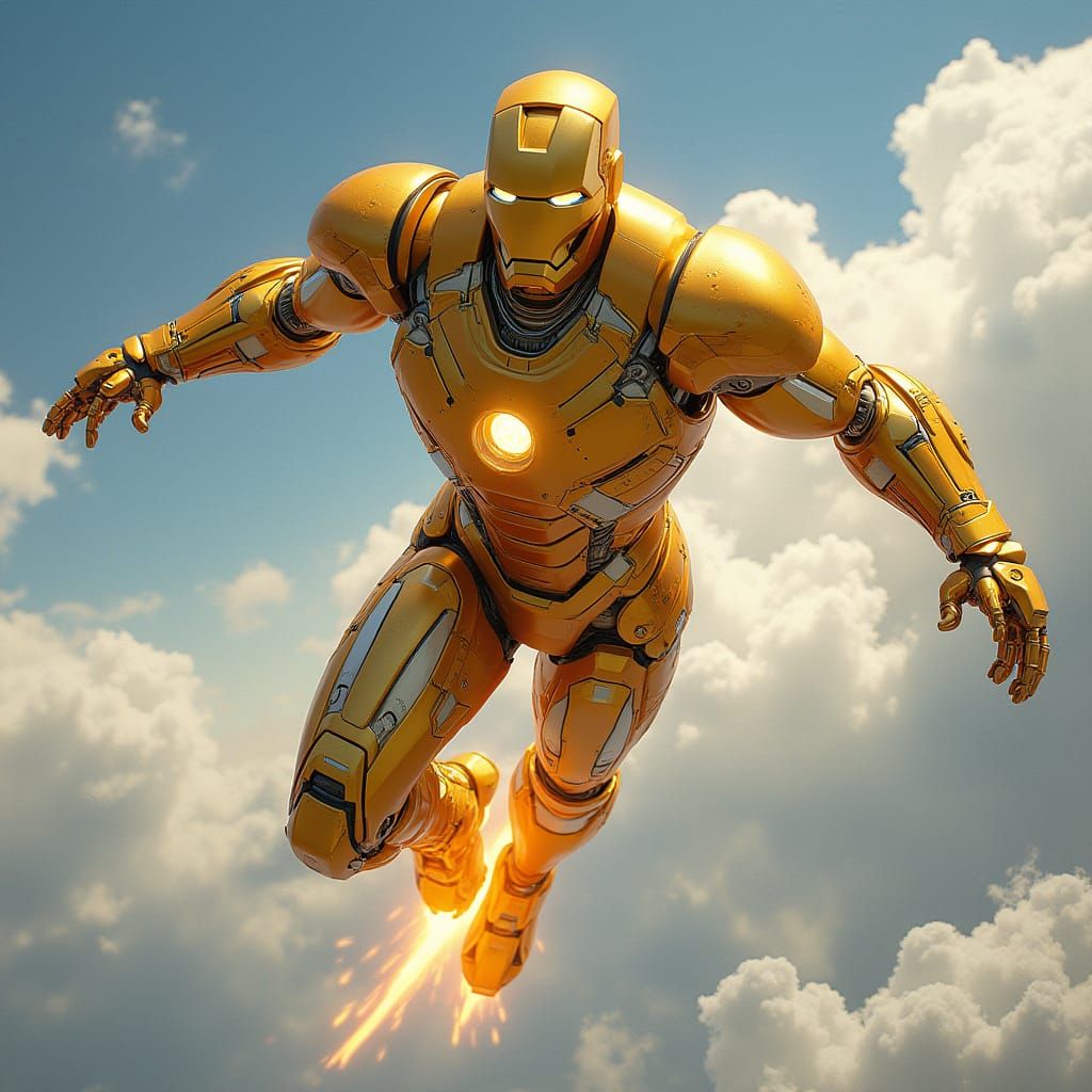 Golden Ironman Soaring: Comic Book Style