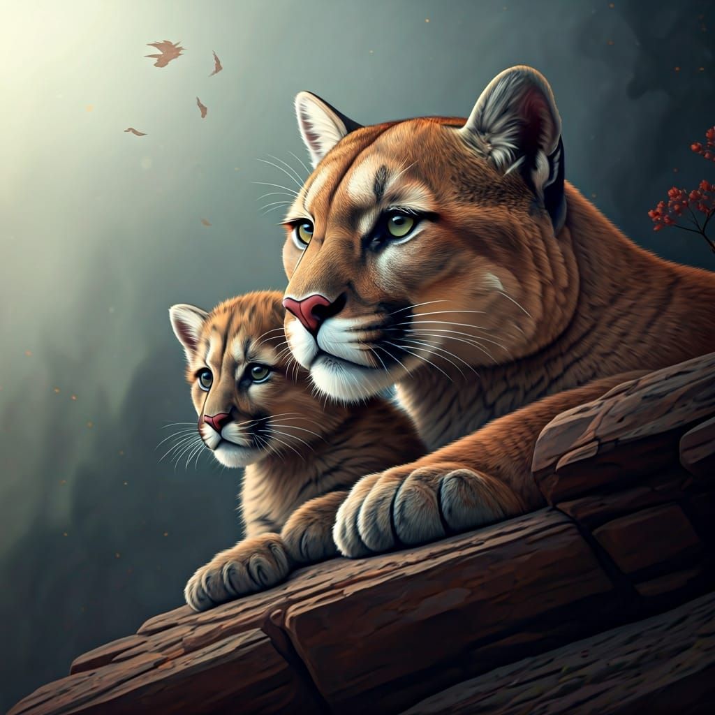 Cougar and Cub Portrait in Grand Canyon Oil Painting