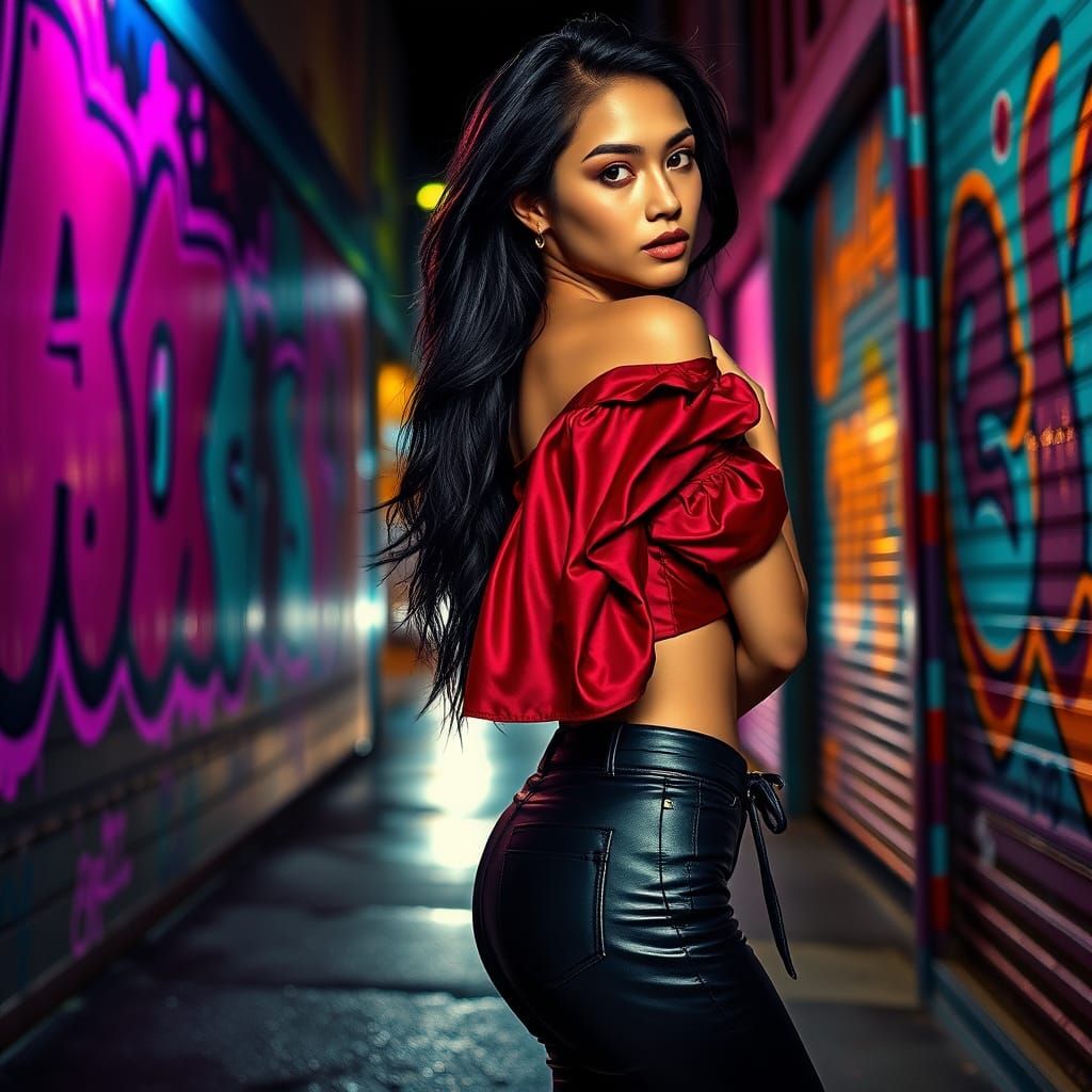 Elegant Filipina Woman in Neon-Lit Urban Night