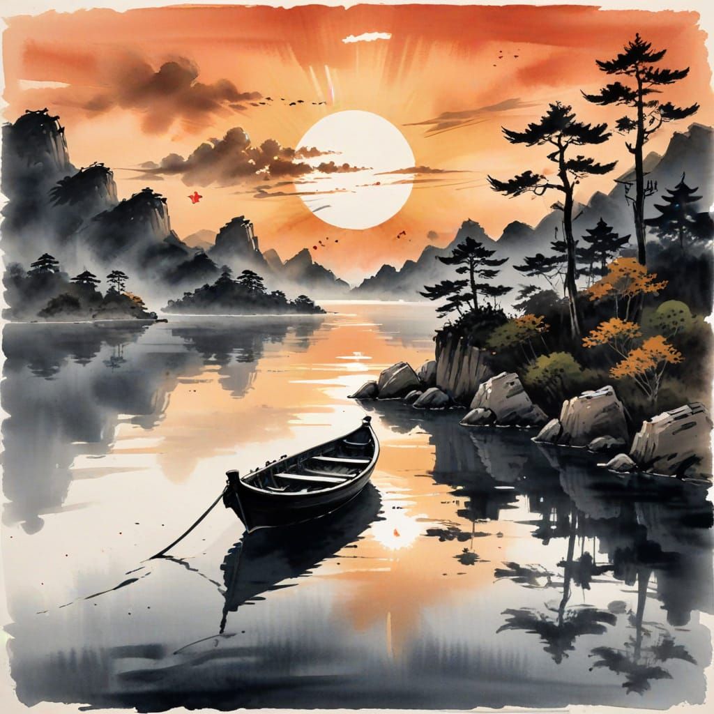Japanese Sunset Landscape in Sumi-e Style