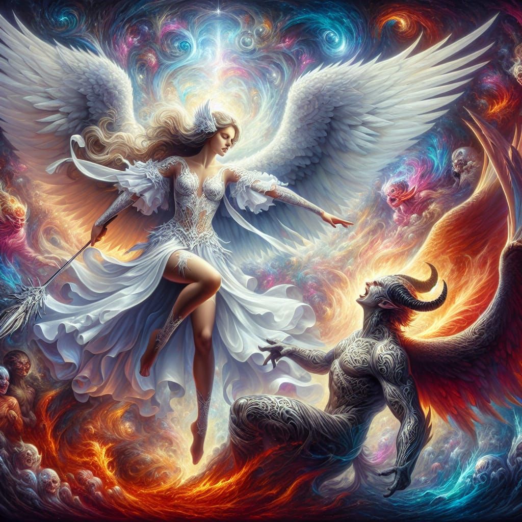 Majestic Angel Battles Demon in Dreamlike Setting