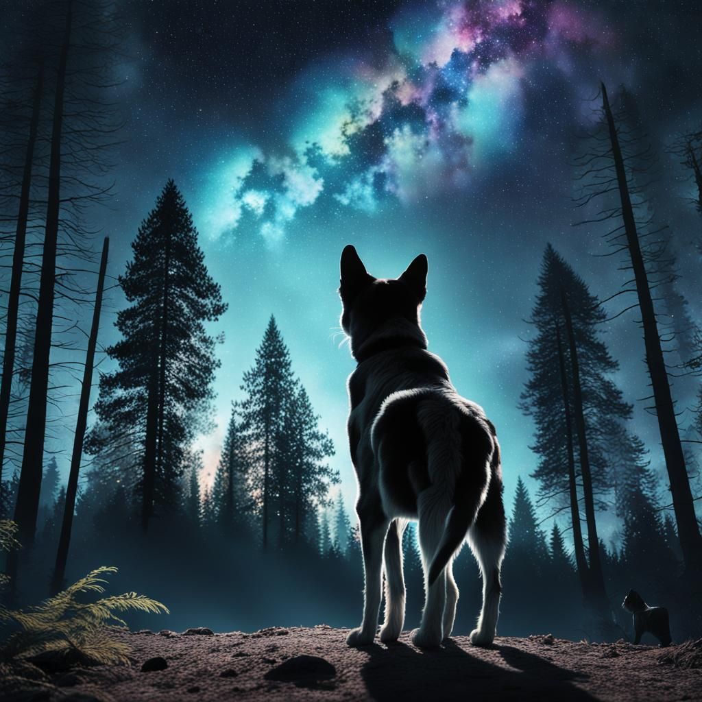 Dog in Bioluminescent Forest with Nebula Sky