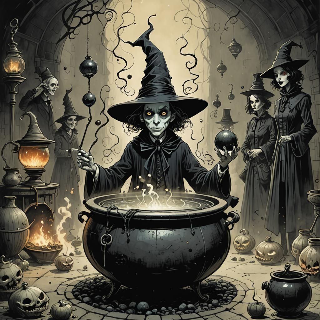 Witch Casting Spell in Cauldron: Line Art Art Brut
