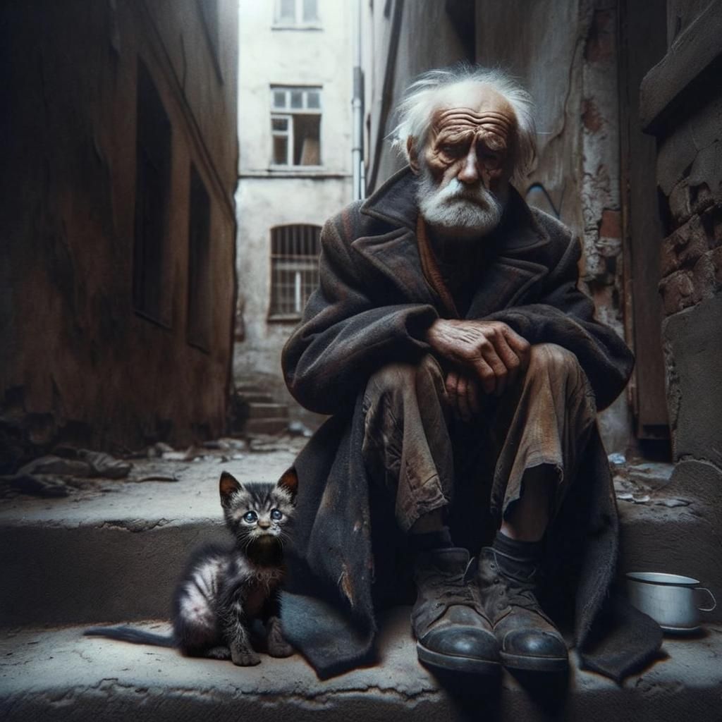 Elderly Man and Kitten in Desolate Alleyway