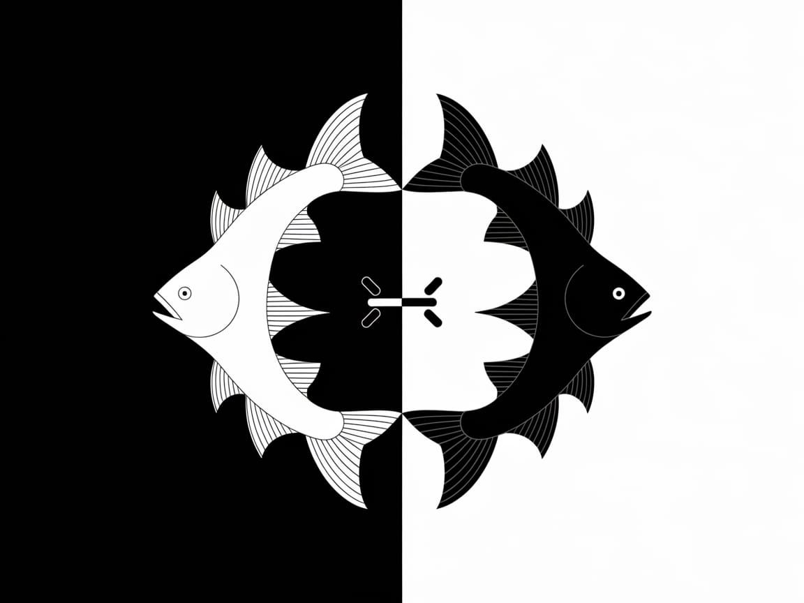 Two Fish Silhouettes in Opposing Directions, Connected by a ...