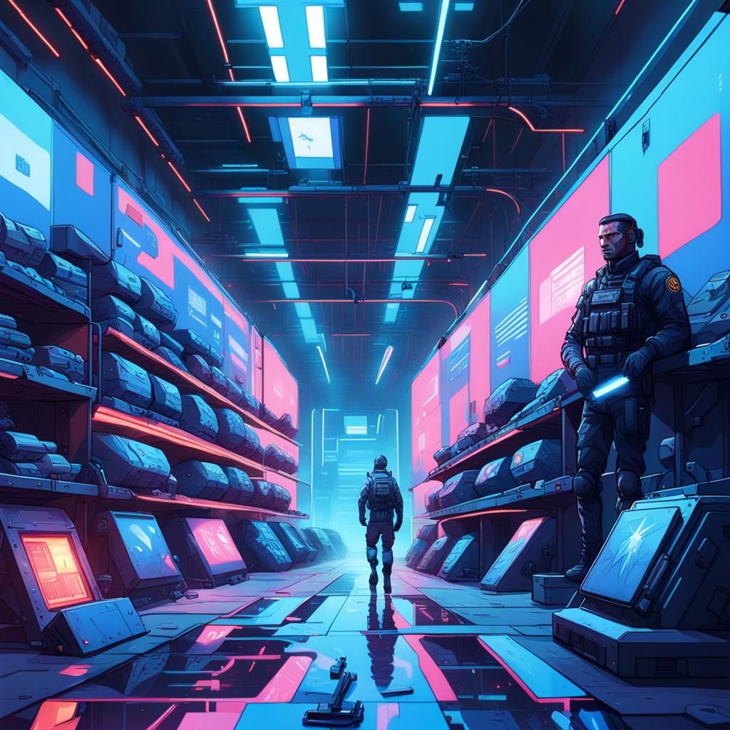 Futuristic Military Warehouse with Neon Illumination
