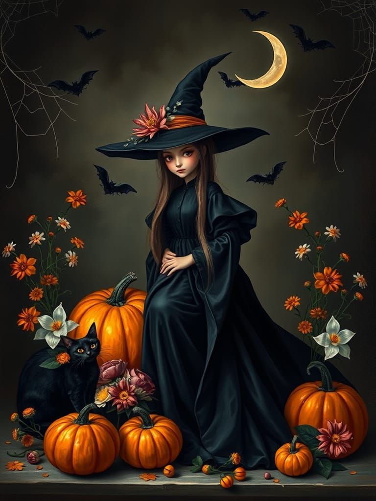 Enchanting Witch with Black Cat in Dutch Golden Age Style