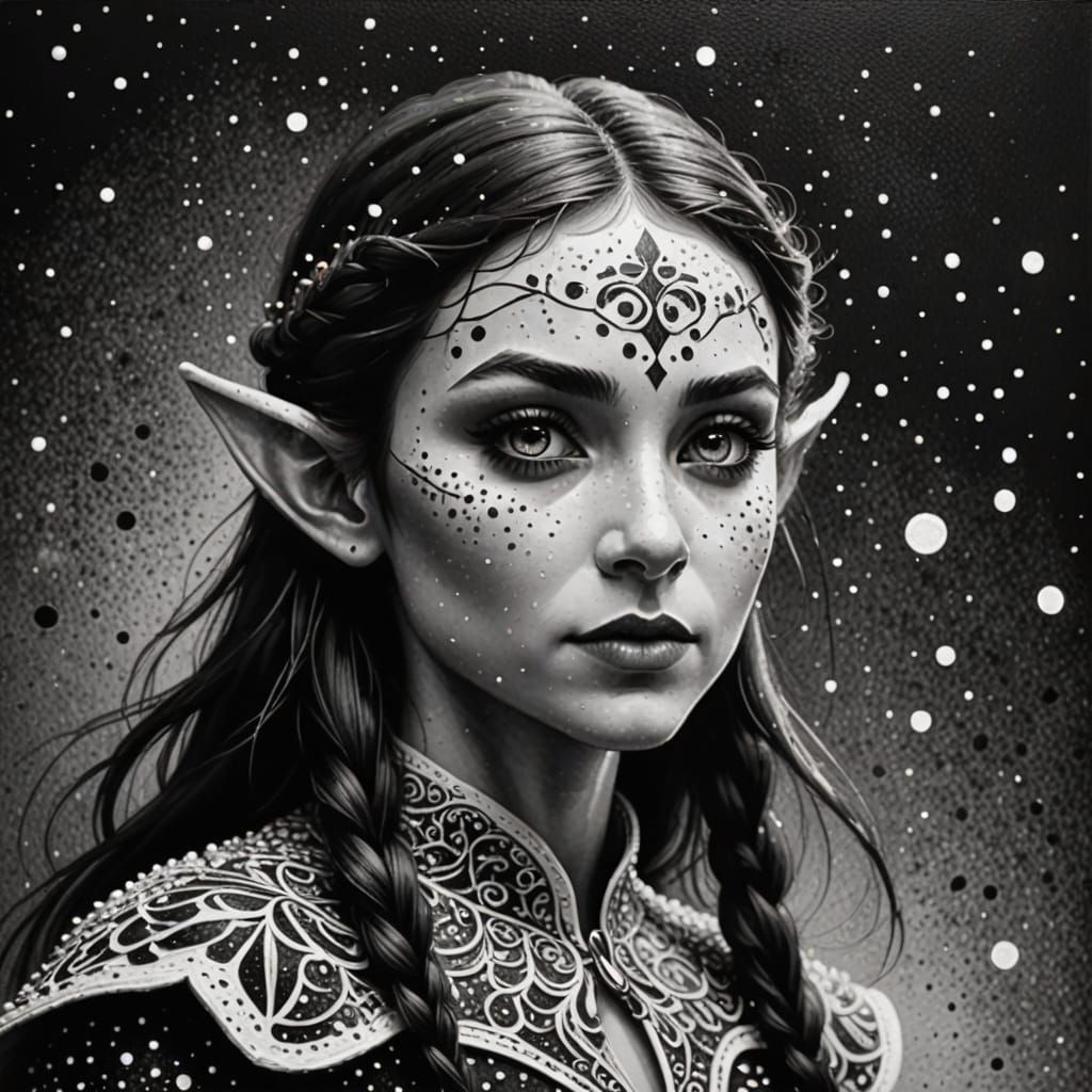Black and White Elf Painting in Pointillism Style