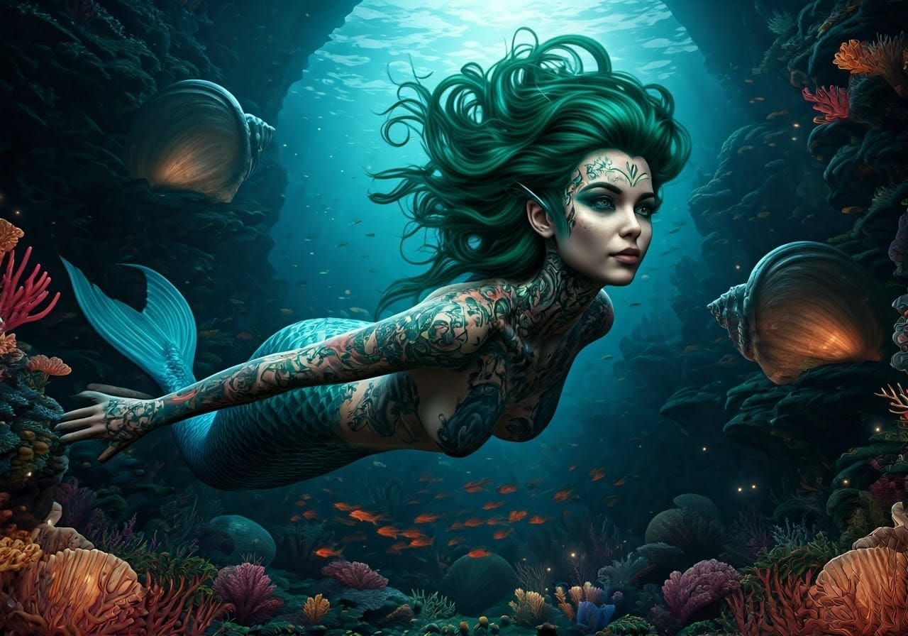 Tattooed Mermaid in a Vibrant Coral Reef