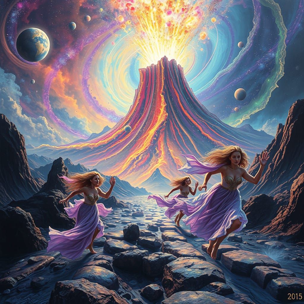 Ethereal Beings Flee Radiant Volcano in Cosmic Dreamscape