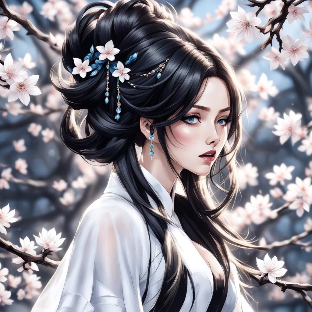 Elegant Dark-Haired Woman with Floral Hair Adornments