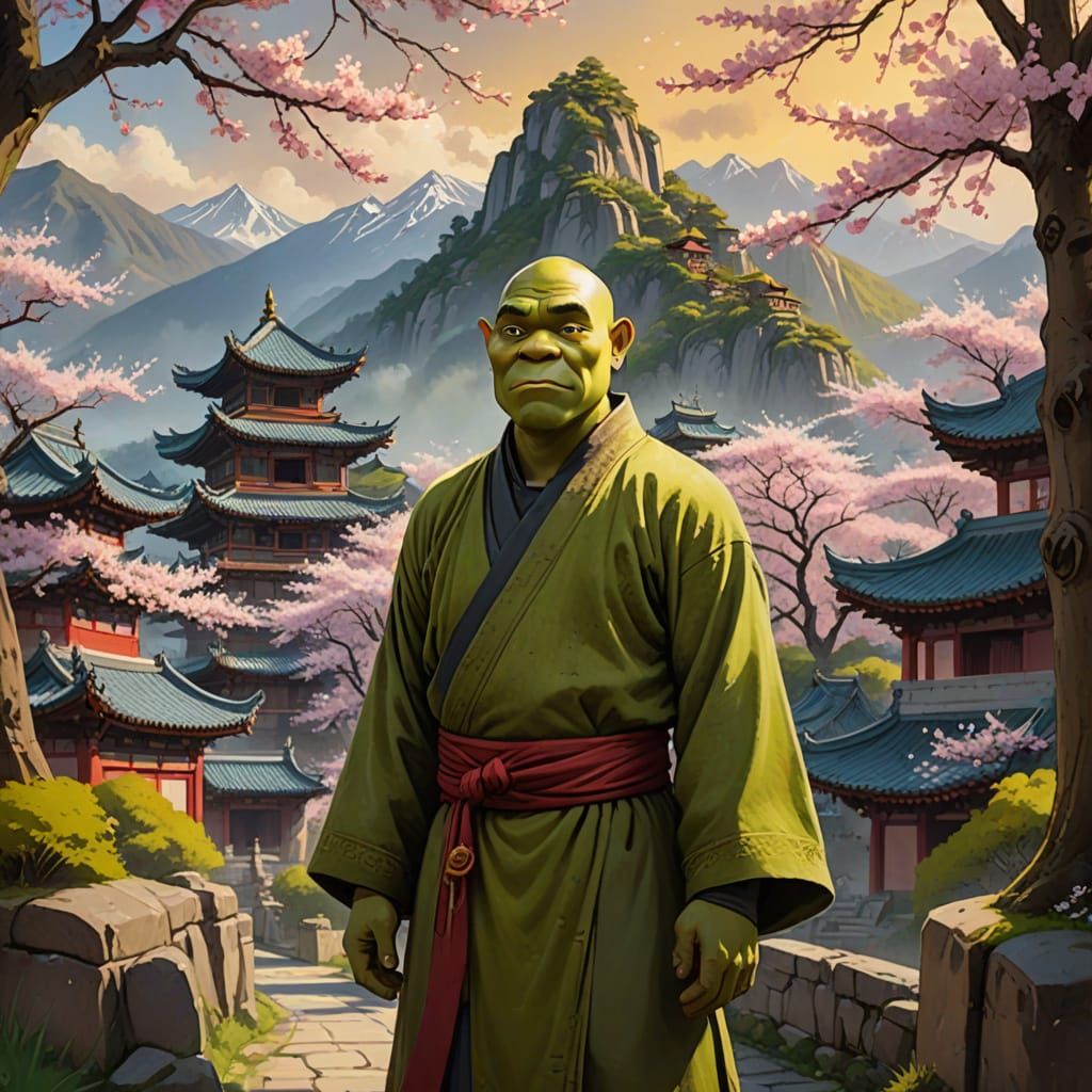 Shrek as Chinese Monk in Ink Painting Style