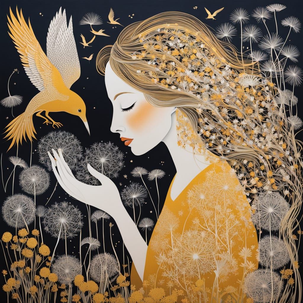 Woman Kneeling with Dandelions and Ethereal Birds