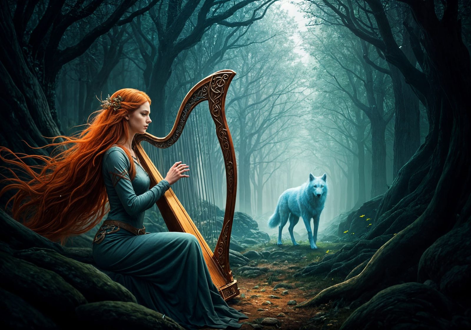 Ethereal Woman with White Wolf in Fantasy Art