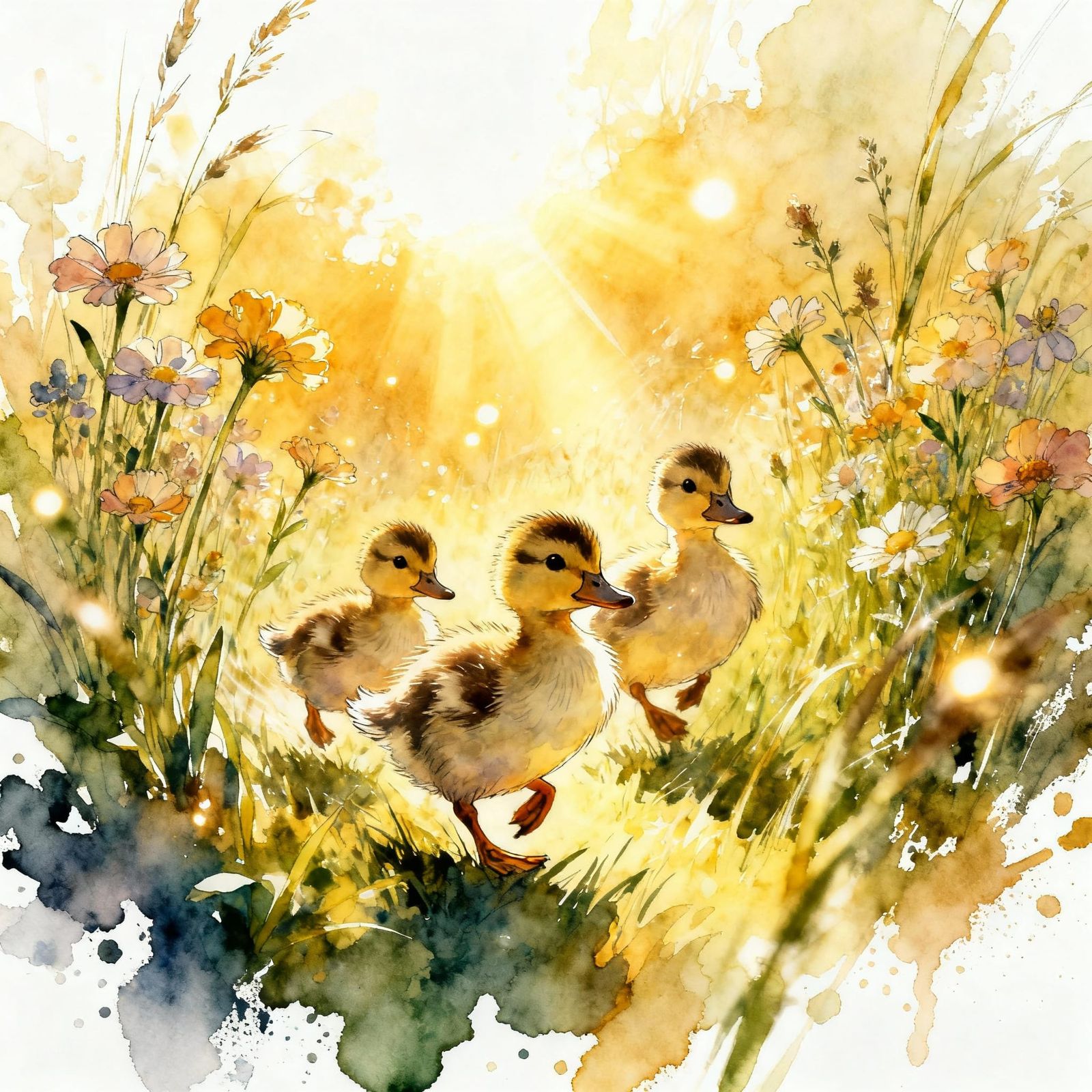 Playful Ducklings in Sunlit Fairytale Watercolour