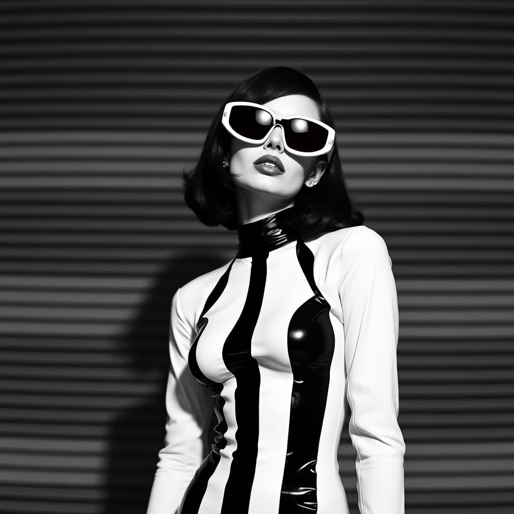 Futuristic Model in Monochromatic Costume, High-Contrast Pho...