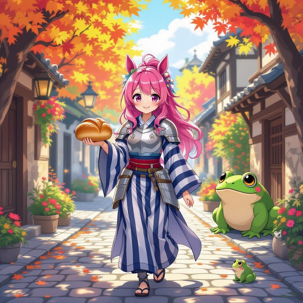 Anime Girl with Horse Ears in Medieval Town