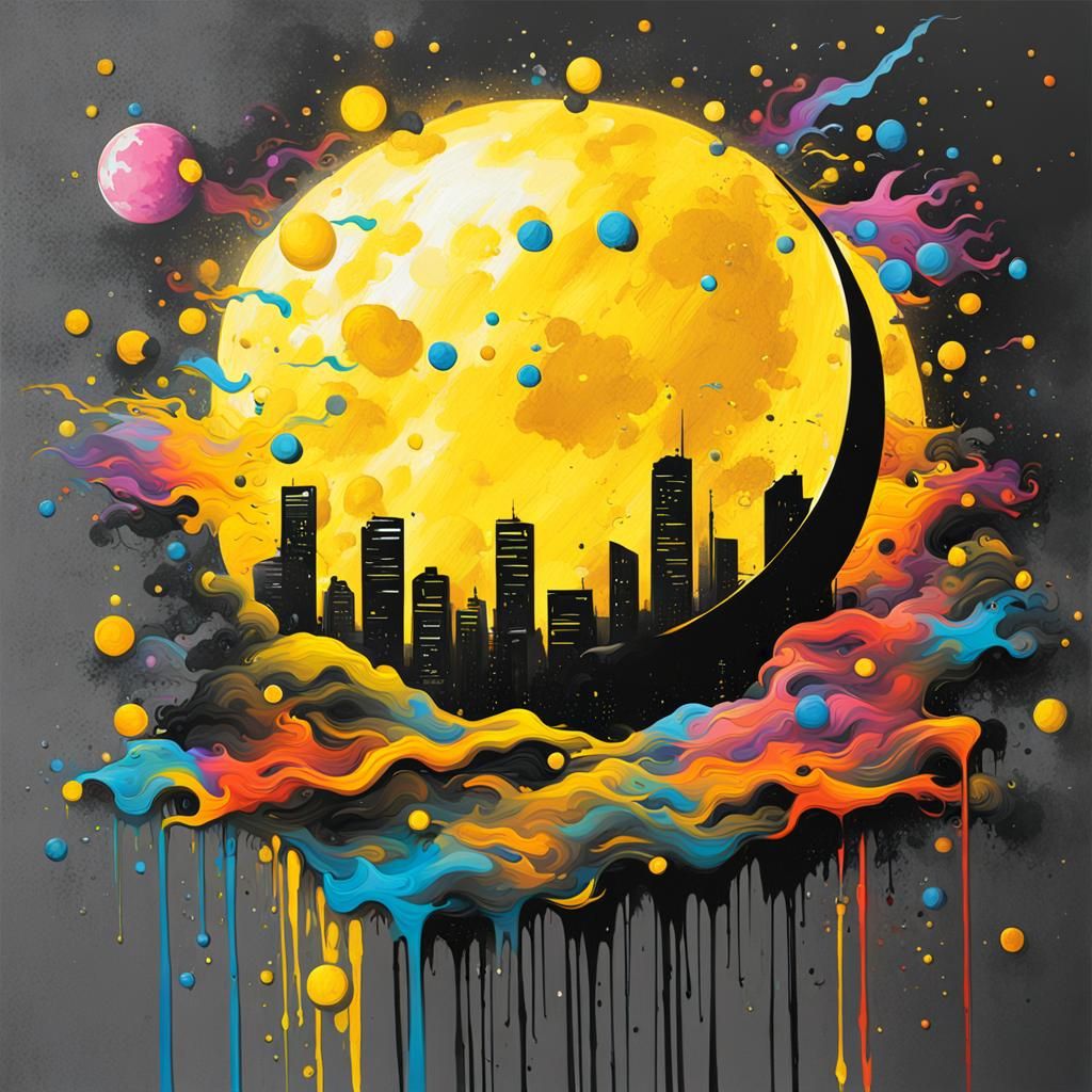 Big Yellow Moon in Graffiti Splash Art