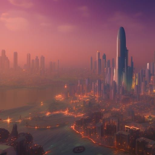 Alien Crystal Cityscape: Serene Nirvana in Peach-Rose-Gold