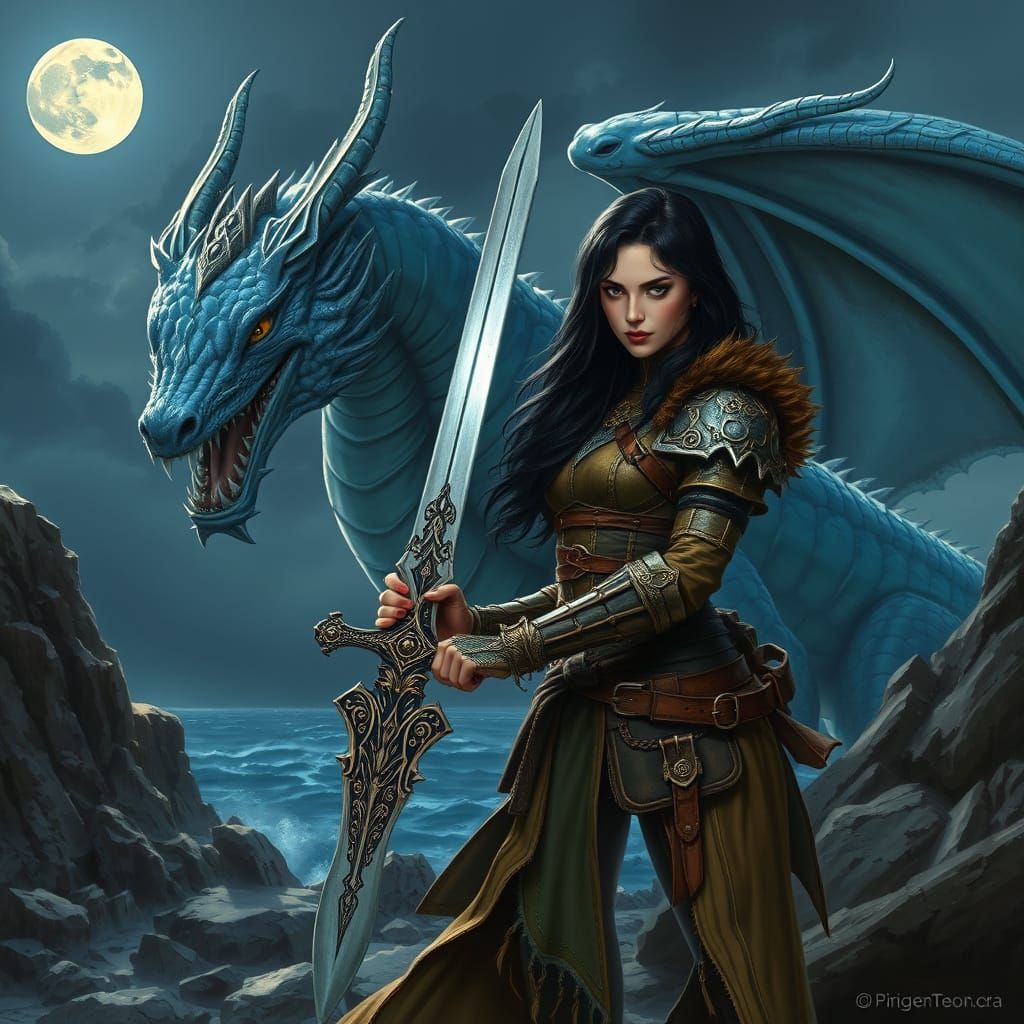 Medieval Sorceress with Dragon in Frazetta Style