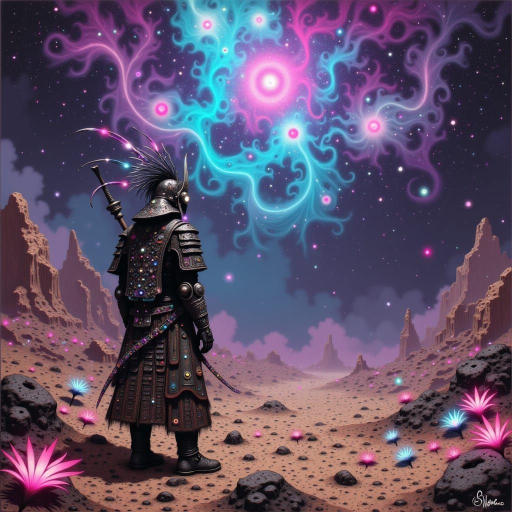 Samurai on Alien Planet in Baroque-Cubist Style