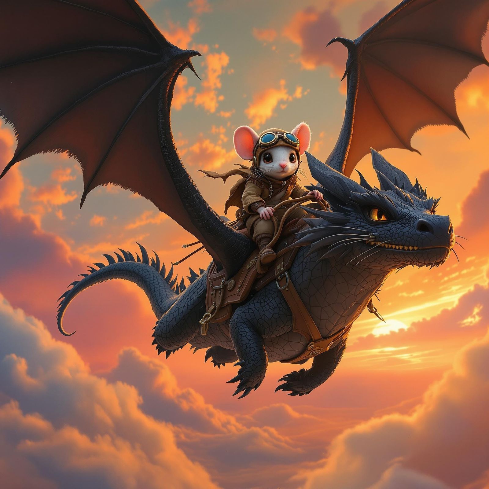 Mythical Dragon Flees into Sunset with Valiant Mouse