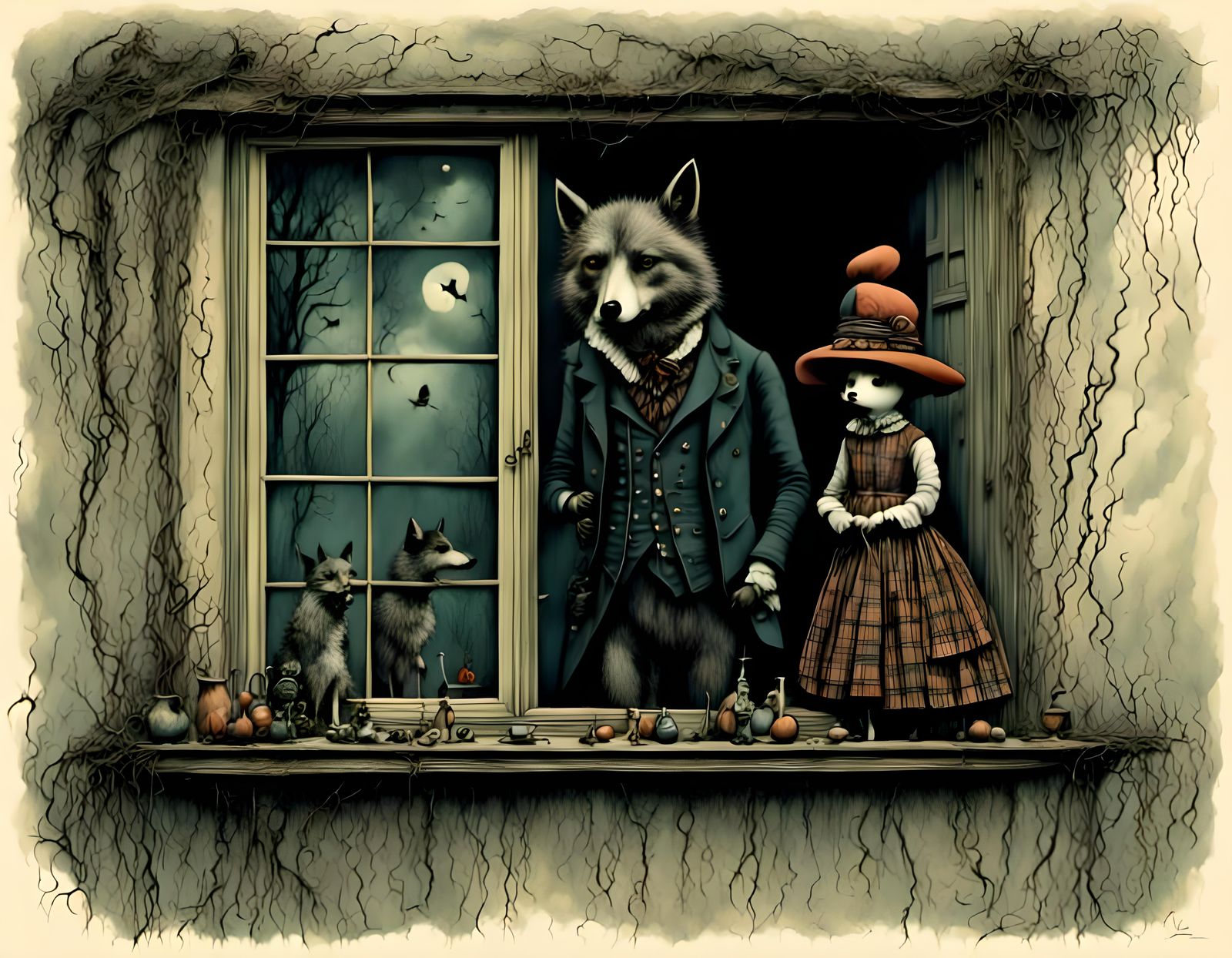 Scottish Wolf Delivers Salmon, Gothic Impressionism