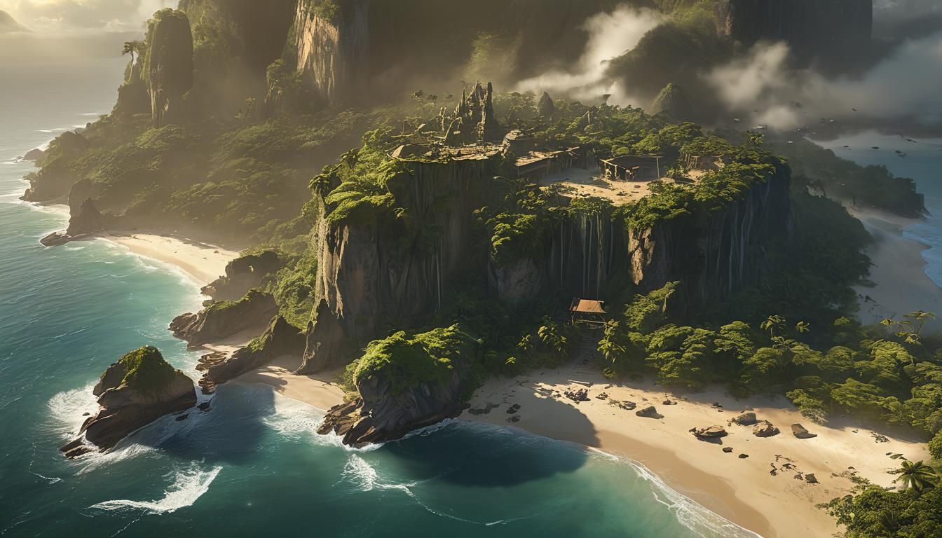 Mystical Island Aerial View: Cinematic Concept Art