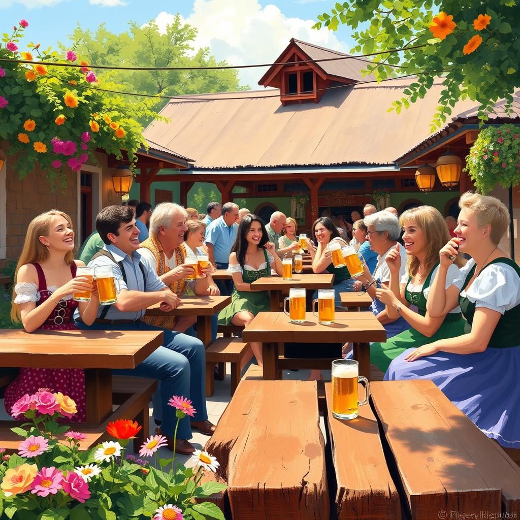 Lively Beer Garden in Impressionistic Style