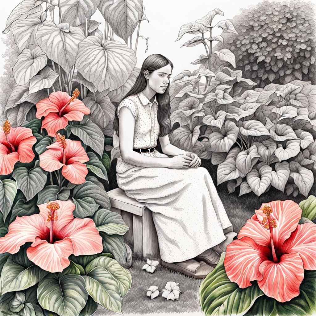 Botanical Ink Drawing of Woman in Hibiscus Garden