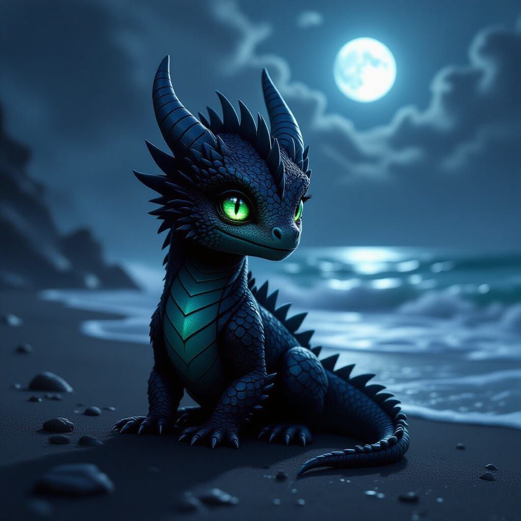 Tiny Emerald-Eyed Baby Dragon on Black Sand Beach
