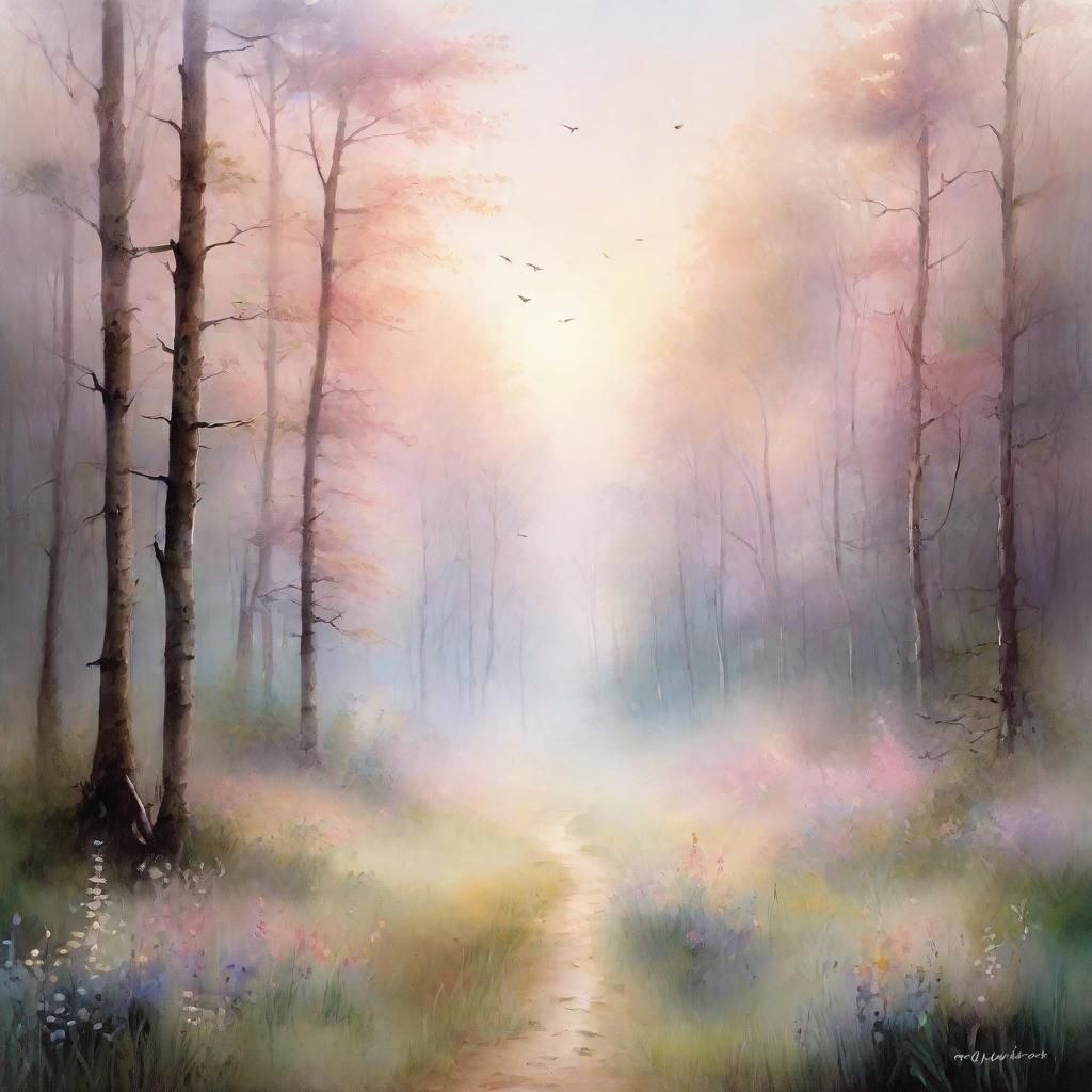 Misty Forest Dawn: A Watercolor Landscape