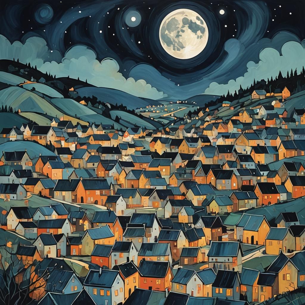 Moonlit Village at Night in Abstract Style