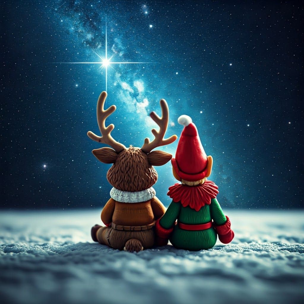 Cute Reindeer and Elf Friend Stargaze under Winter Skies
