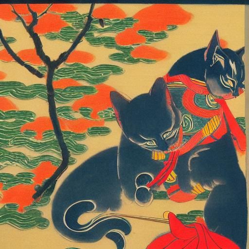 Samurai Cat in Ukiyo-e Fauvism Style