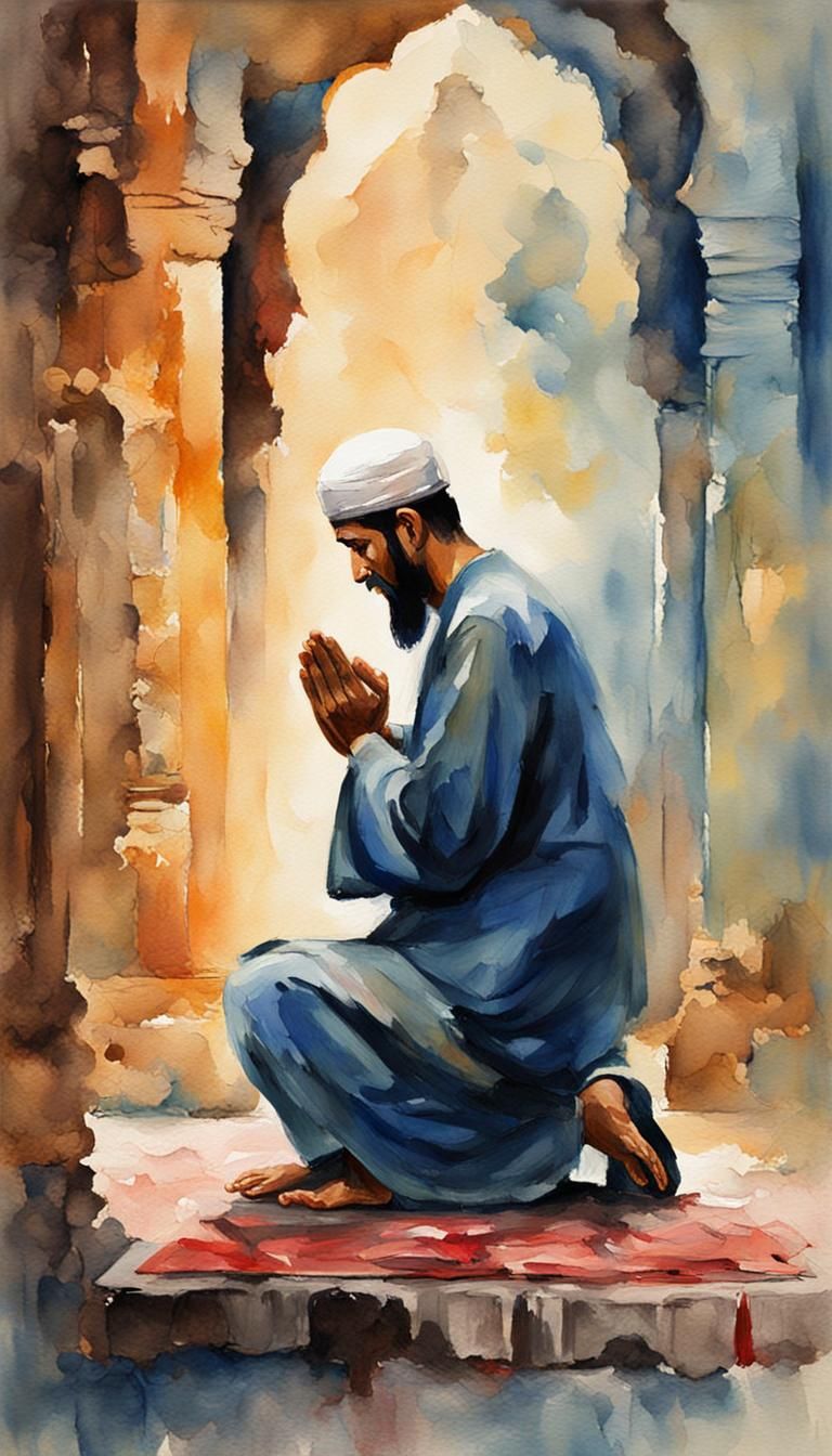 Islamic Prayer in Gouache Style, Watercolor Painting
