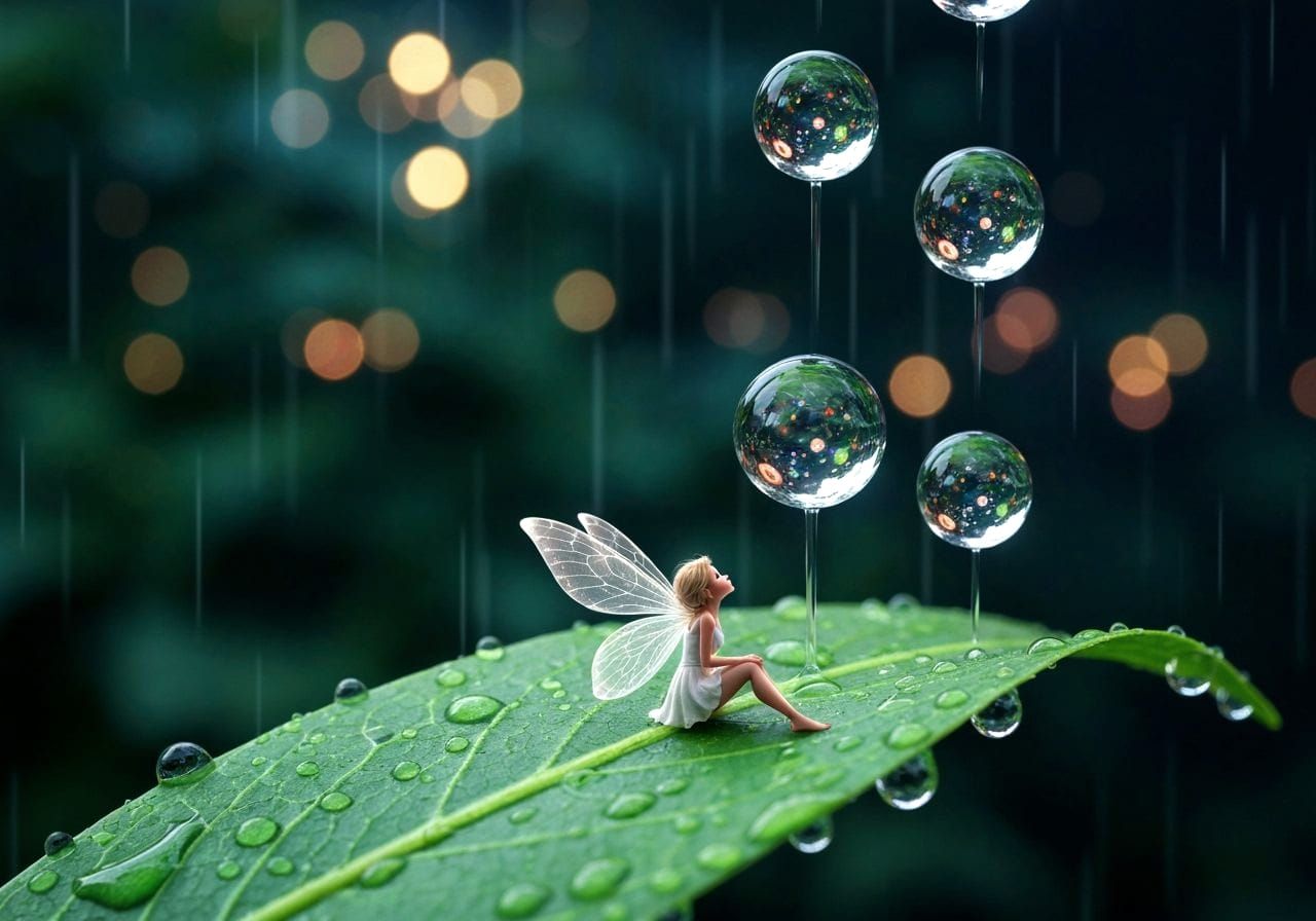 Tiny Fairy on Leaf in Magical Raindrops Macro Photo