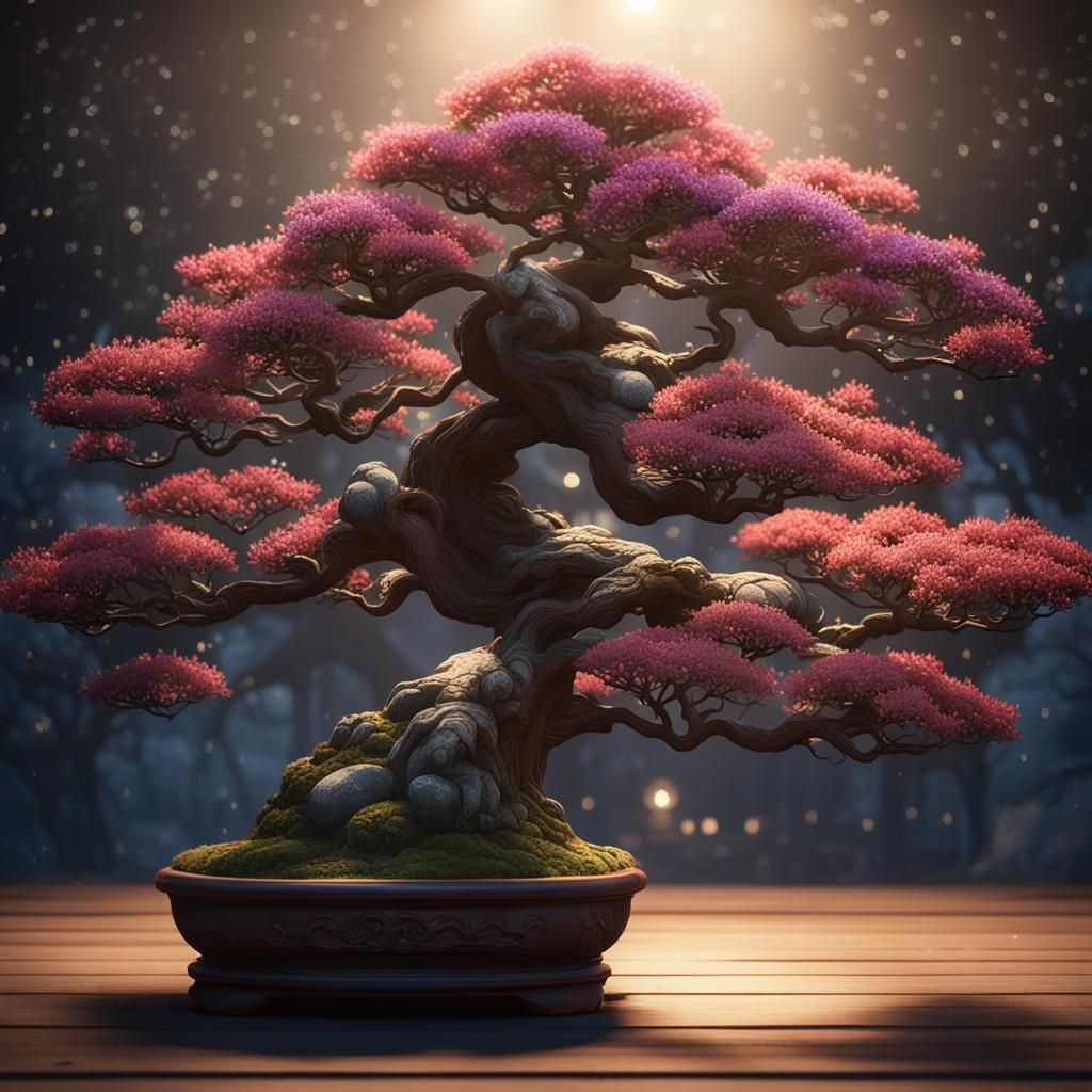 Mystical Flowering Bonsai Tree in Moonlight