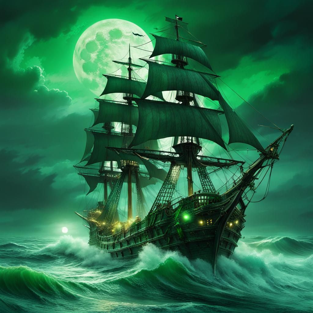 Ghostly Pirate Ship Sailing Under Stormy Moonlight