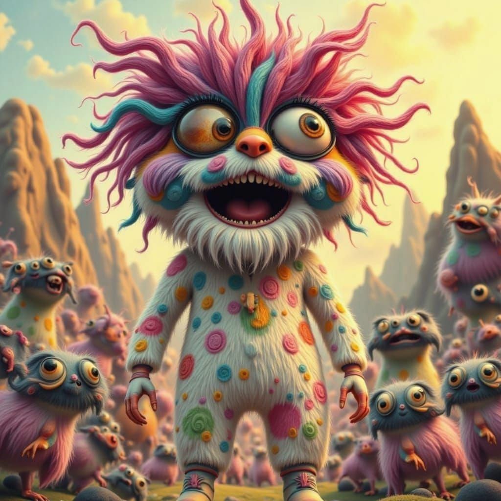 Whimsical Boy with Oversized Eyes in Mountain Landscape