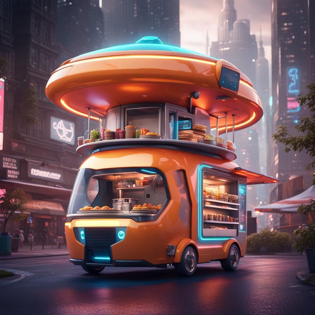 futuristic food truck designed like a mini space station