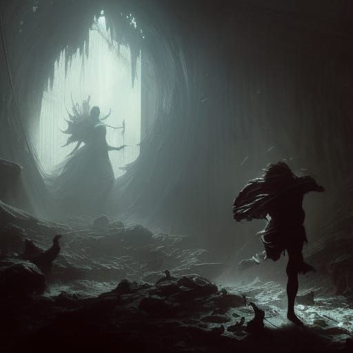 Man Runs from Shadows: Dark Fantasy Illustration