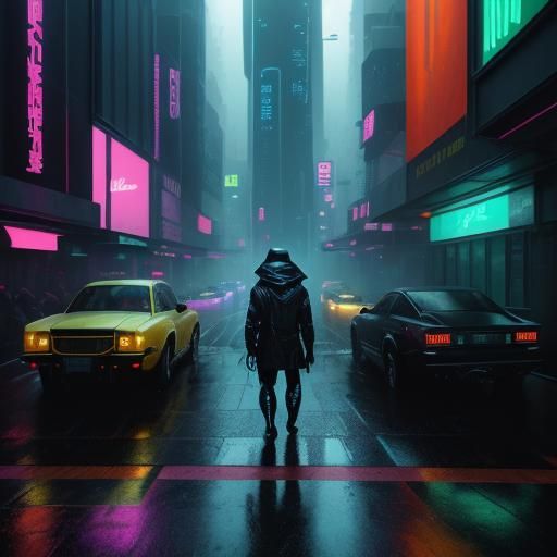 Neon Rain in Cyberpunk Cityscape