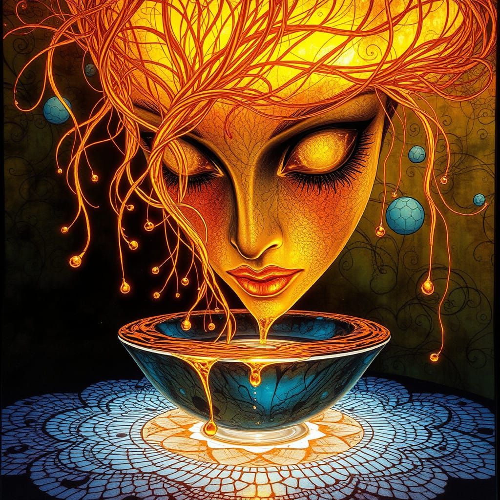 Ethereal Goddess of Light Sipping from a Surrealist Vessel